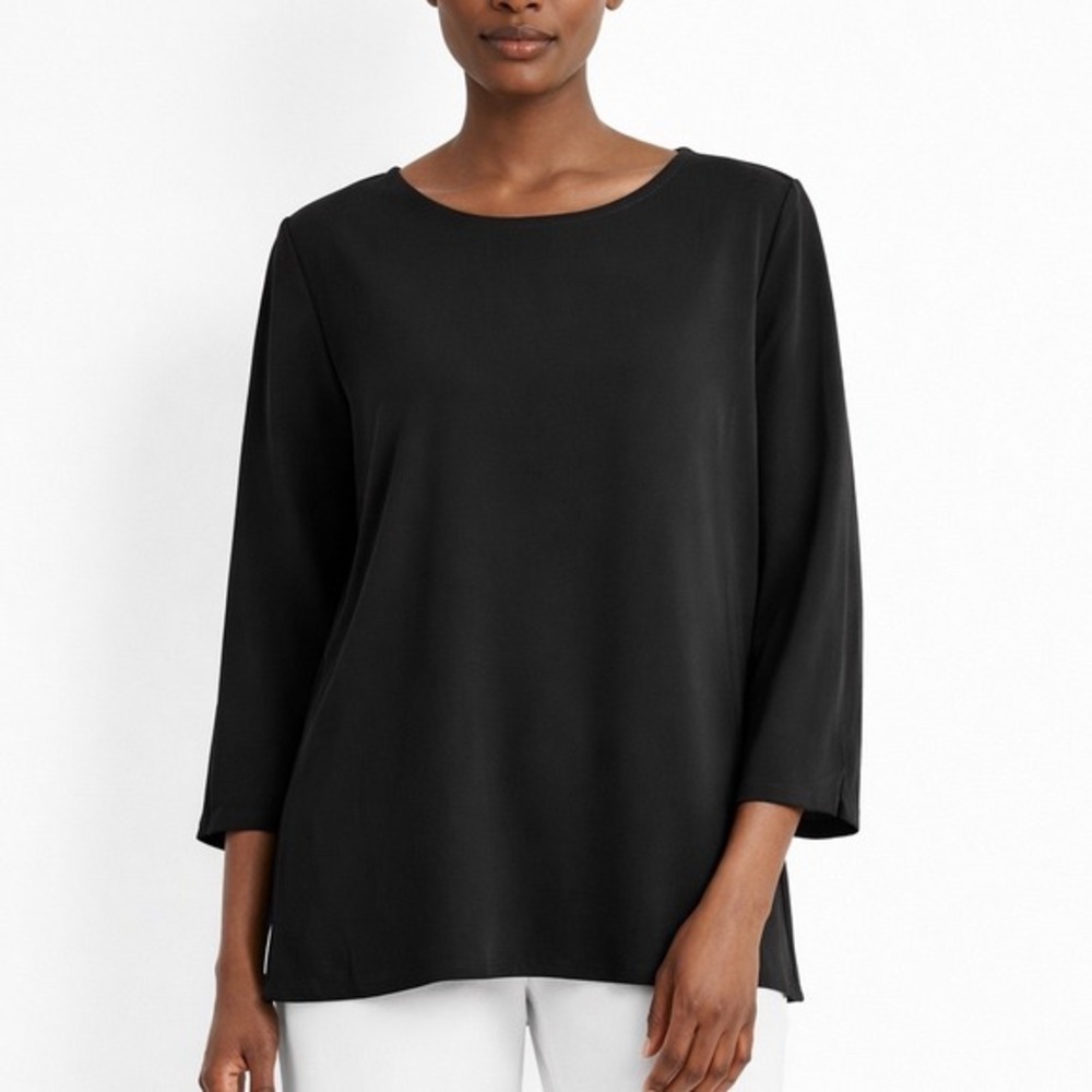 Ann Taylor Black Split Back 3/4 Sleeve Sheer Blouse Tunic Top S Whimsigoth 80-55